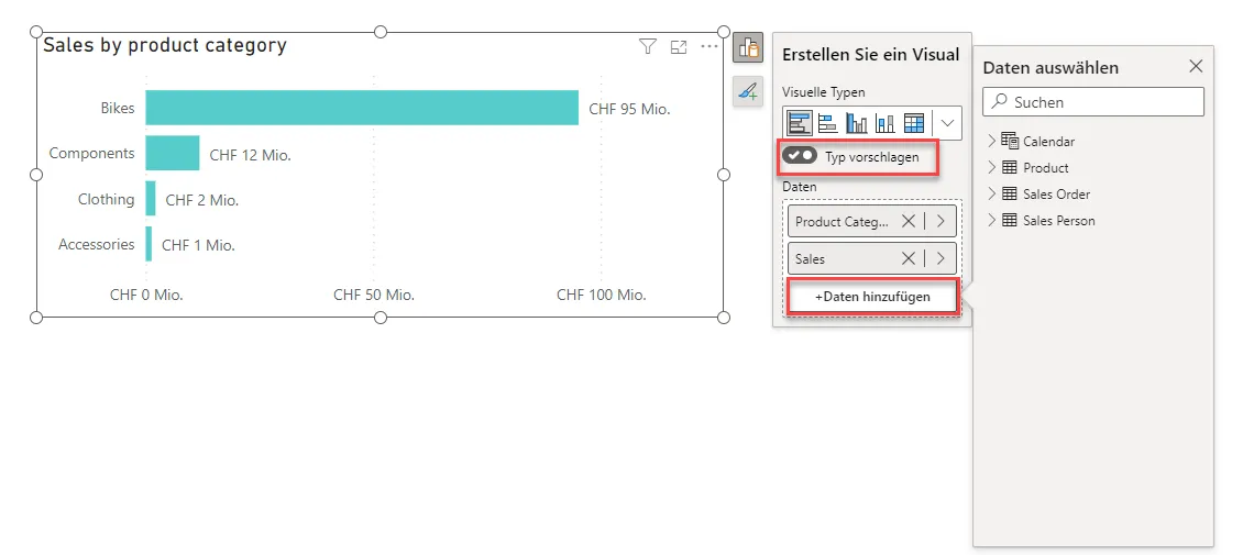 Typ des Visuals ändern und Daten hinzufügen in Microsoft Power BI