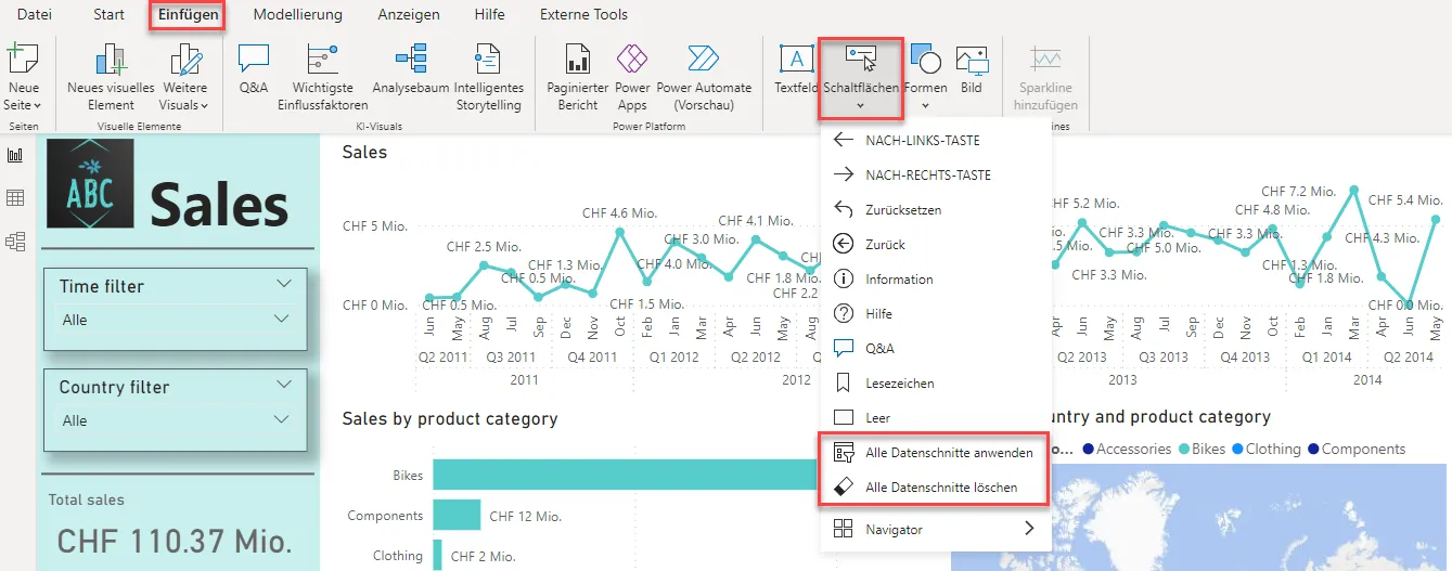 Schaltflächen "Alles anwenden" und "Alles löschen" für Datenschnitt in Microsoft Power BI